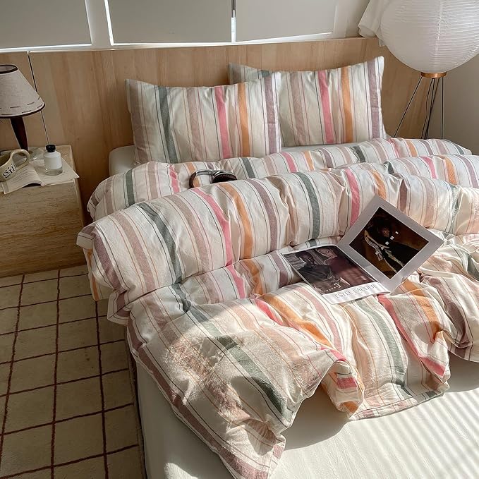 VM VOUGEMARKET Multicolor Striped Comforter Set Twin XL Vertical Stripes Bedding Comforter with 2 Pillowcases Washed Cotton Modern Cozy Lightweight for Teens Students(Orange/Pink/Green/Coffee)