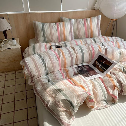 VM VOUGEMARKET Multicolor Striped Comforter Set Twin XL Vertical Stripes Bedding Comforter with 2 Pillowcases Washed Cotton Modern Cozy Lightweight for Teens Students(Orange/Pink/Green/Coffee)
