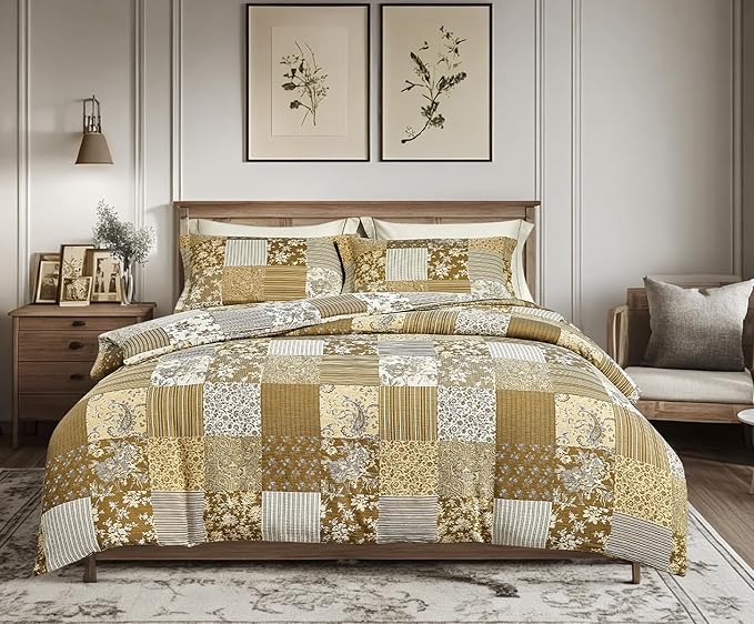 SLEEPBELLA Washed Double Layer Muslin 100% Cotton Comforter Set Queen Size, Boho Yellow Patchwork Fluffy Thick Checked Bedding Set, Soft Breathable (1 Comforter, 2 Pillow Shams)