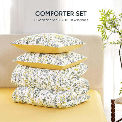 Wake In Cloud - Floral Comforter Set, Shabby Chic Cottage Garden Botanical Flower Style with Elegant Wildflower Pattern, Soft Lightweight Bedding, 3 Pieces, Yellow White, Queen Size
