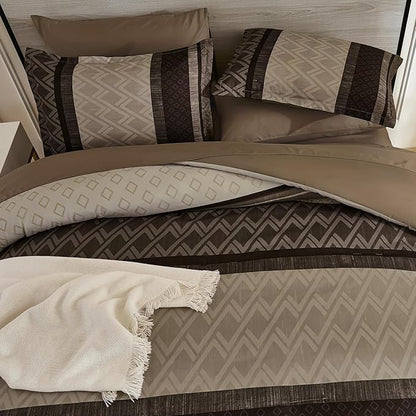 Cottolester Boho Comforter Set Queen Size,Light Brown Striped Bed in a Bag,7 Piece Plaid Comforter and Sheet Set,Soft Microfiber Complete Bedding Sets