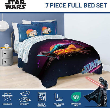 Jay Franco Kids Comforter Set Includes Sheets and Pillow Covers - Soft and Cozy Bed Set for Stylish Room Decor, Blue - Star Wars 02, 7 Piece Full Size Bedding