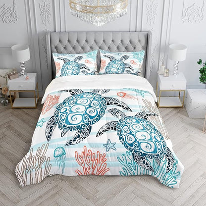 HOSIMA Sea Turtle Comforter Set,Coastal Beach Themed Bedroom Comforter Set Queen Size for Kids Teen Girls Boys Room Decor,Turtle Twin Bed in a Bag for Girls with 2 Pillowcases.