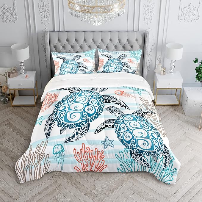 HOSIMA Sea Turtle Comforter Set,Coastal Beach Themed Bedroom Comforter Set Queen Size for Kids Teen Girls Boys Room Decor,Turtle Twin Bed in a Bag for Girls with 2 Pillowcases.