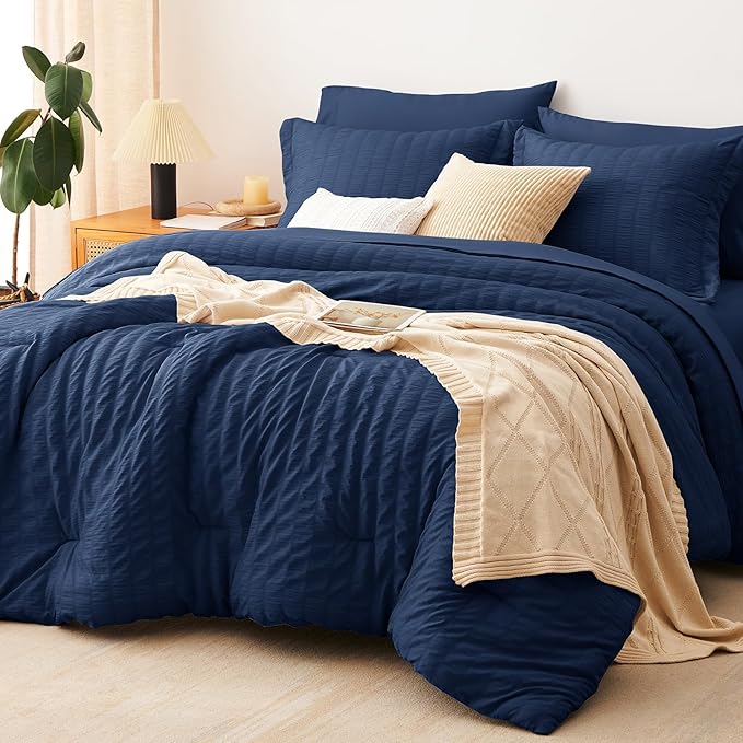 CozyLux Oversized Queen Comforter Set Navy Blue Seersucker 7 Pieces Bed in a Bag Queen Comforter Set with Sheets, Luxury Soft Bedding Set with Down Alternative Comforter, Sheets, Pillowcases & Shams
