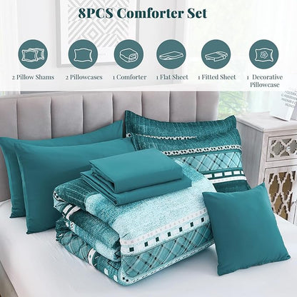 WONGS BEDDING 8 Piece King Size Comforter Set, Teal Texture Striped Bed in a Bag Comforter and Sheet Set, Boho Lightweight Microfiber Bedding Set for All Season (90"×104")