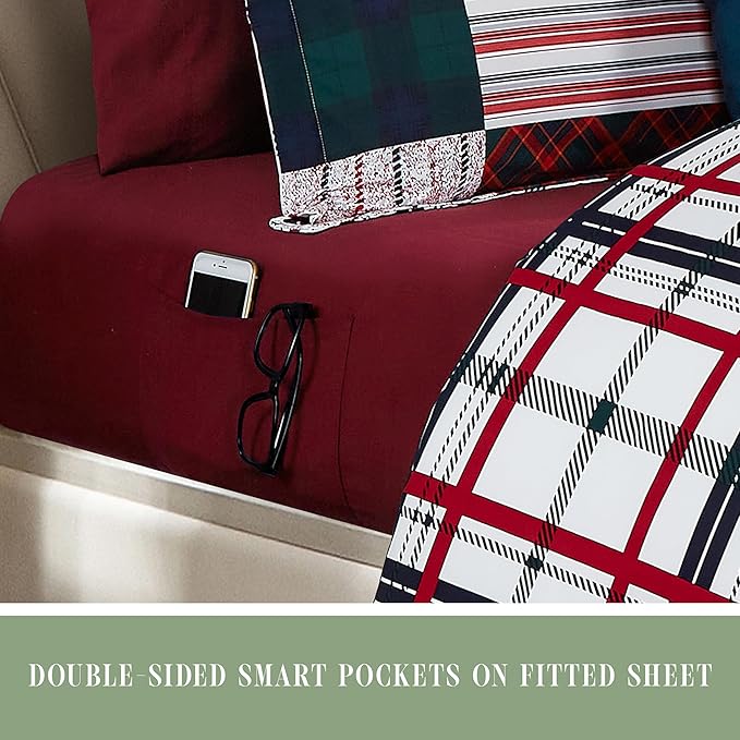 Elegant Comfort 8-Piece Cabin Lodge Patch Reversible Comforter Set - All Season Bed in a Bag, 4-Piece Sheet Set Featuring Smart Pockets, Matching Shams and Decorative Pillow, Twin/Twin XL, Burgundy