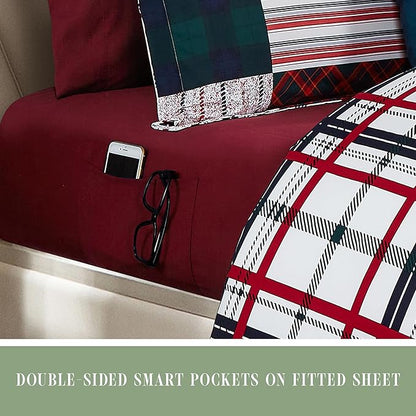 Elegant Comfort 8-Piece Cabin Lodge Patch Reversible Comforter Set - All Season Bed in a Bag, 4-Piece Sheet Set Featuring Smart Pockets, Matching Shams and Decorative Pillow, Twin/Twin XL, Burgundy