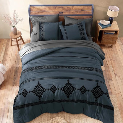 MaiRêve Embroidery Full Size Comforter Set Blue Grey, Farmhouse Western Boho Bedding Set 7 Pieces, All Season Bed in A Bag Comforter Set with Sheets, Pillowcases & Shams