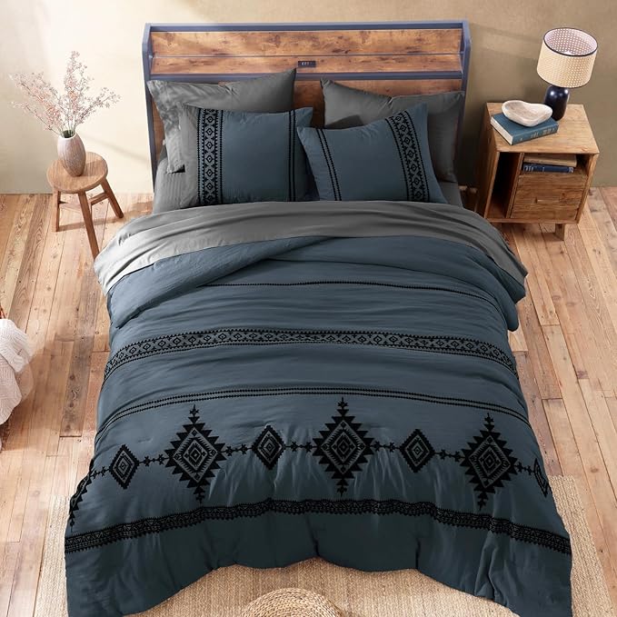 MaiRêve Embroidery King Size Comforter Set Blue Grey, Boho Farmhouse Western Bedding Set 7 Pieces, All Season Bed in A Bag Comforter Set with Sheets, Pillowcases & Shams