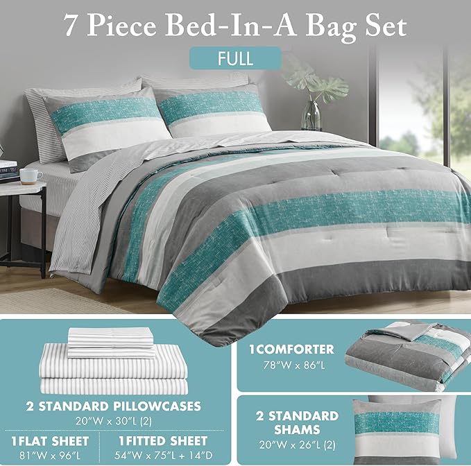 Madison Park Essentials Full Comforter Set, Bed in A Bag Comforter & Sheet Set, Modern Casual Stripes Print, All Seasons, Soft Microfiber Bedding Makeover, Matching Shams, Full Aqua/Grey 7 Piece