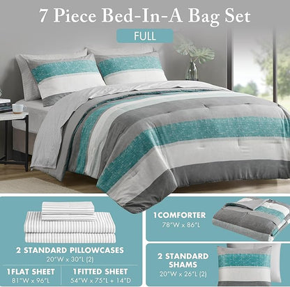 Madison Park Essentials Full Comforter Set, Bed in A Bag Comforter & Sheet Set, Modern Casual Stripes Print, All Seasons, Soft Microfiber Bedding Makeover, Matching Shams, Full Aqua/Grey 7 Piece