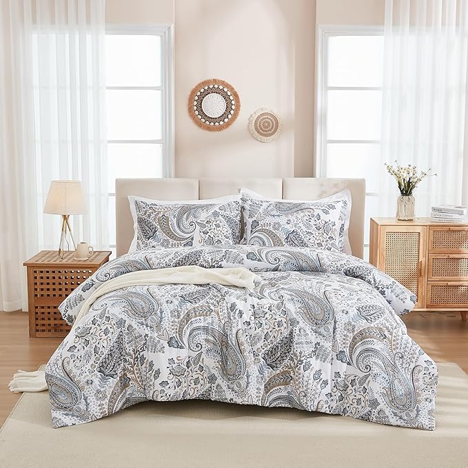 Grey Blue Paisley Comforter Set Queen Size 3 Pieces 100% Cotton Boho Paisley Pattern Bedding Set All Season Soft Cotton Lightweight Reversible Comforter