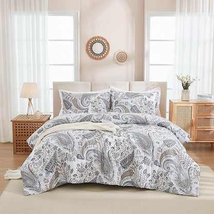 Grey Blue Paisley Comforter Set Queen Size 3 Pieces 100% Cotton Boho Paisley Pattern Bedding Set All Season Soft Cotton Lightweight Reversible Comforter