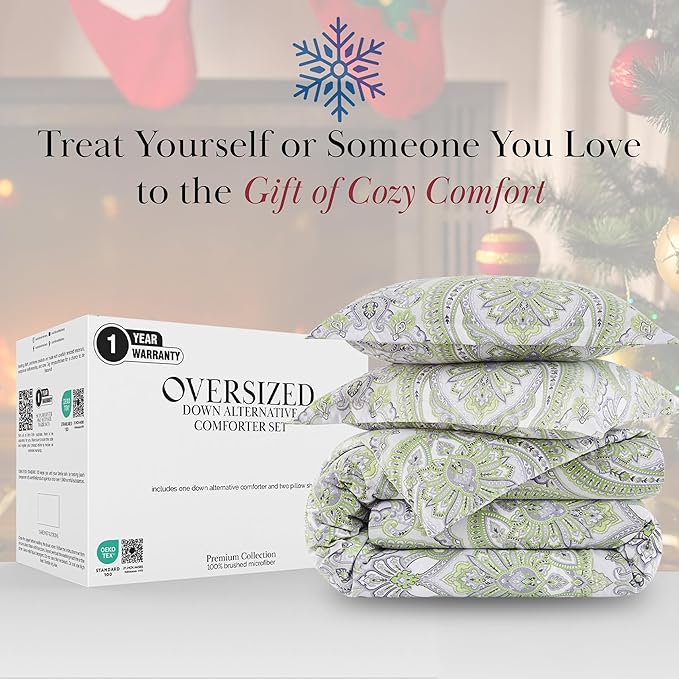 Southshore Fine Living, Inc. Twin Extra Long Comforter Set, Down Alternative Boho Bedding Set, Paisley Print Bedspread, Boho Comforter Twin/XL Size with Matching Pillow Sham, Pure Melody Green
