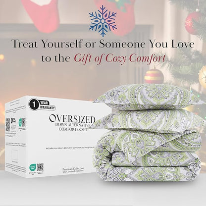 Southshore Fine Living, Inc. Twin Extra Long Comforter Set, Down Alternative Boho Bedding Set, Paisley Print Bedspread, Boho Comforter Twin/XL Size with Matching Pillow Sham, Pure Melody Green