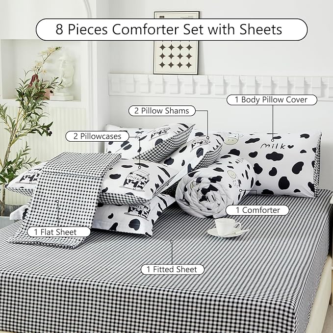 SUCSES Full Size Comforter Set with Sheets 8 Piece Cow Print Bedding Set for Boys Girls Black and White Kids Bed-in-A-Bag Farmhouse Rustic Bed Set for Bedroom (Milk Cow, Full)