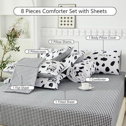 SUCSES Full Size Comforter Set with Sheets 8 Piece Cow Print Bedding Set for Boys Girls Black and White Kids Bed-in-A-Bag Farmhouse Rustic Bed Set for Bedroom (Milk Cow, Full)