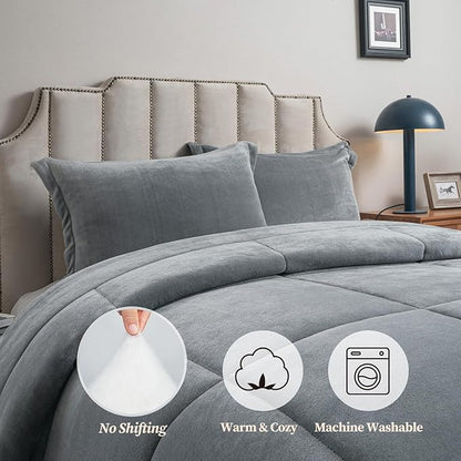 Petrichor Velvet Flannel Queen Comforter Set- Gray and Black Blanket,Luxury Fuzzy Heavy Bedding Set, 3 Pieces Plush Winter Bed Set with Comforter (90"x90") & 2 Pillow Shams (20"x26")