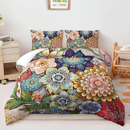 3 Piece Boho Floral Bedding Set,Colorful Flowers Comforter Set,Bohemian Reversible Down Alternative Bed Sets,90"x90" Soft Microfiber Flower Duvet Vintage Bedding in a Bag for Women Men