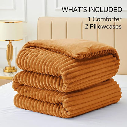 BEDELITE Fleece King Comforter Set -Super Soft & Warm Fluffy Rust Orange Bedding, Luxury Fuzzy Heavy Bed Set for Winter with 2 Pillow Cases