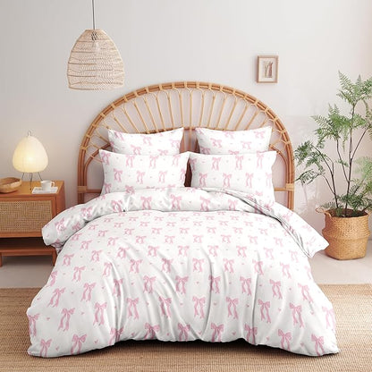 Nayoroom Pink Bow Comforter Set Queen Size Cute Heart Comforter 3 Pieces Soft Lightweight Girls Coquette Dorm Bedding Set for All Seasons