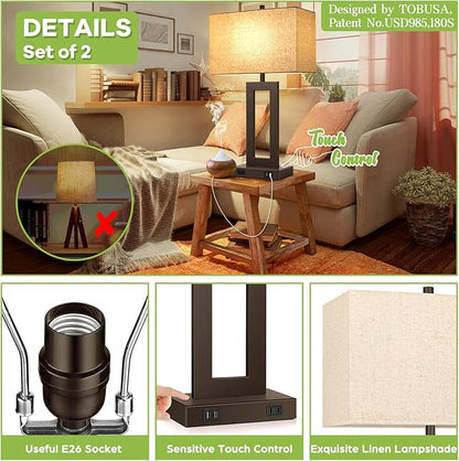 TOBUSA 28’’ Tall Brown Lamps for Living Rooms Set of 2, Modern Touch Control Table Lamps for Bedroom, 3 Way Dimmable Bedside Lamps with 2 USB Ports&AC Outlet, High-end Decor Lamp for Home Office