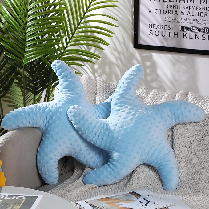 Fumete Starfish Pillow Beach Starfish Shaped Throw Pillows 20'' Star Fish Stuffed Animal Cute Plush Coastal Decor Ocean Star Pillow Plush Cushion for Kid Bedroom Living Room Sofa Couch (Blue, 2 Pcs)