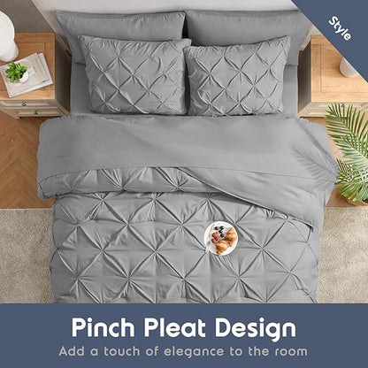 Nestl Queen Comforter Set 7 Piece - Pinch Pleated Comforters Queen Size Grey, Bed in a Bag Queen All Season, Queen Size Comforter Sets Bedding with Flat Sheet and Fitted Sheet, Pillowcases and Shams