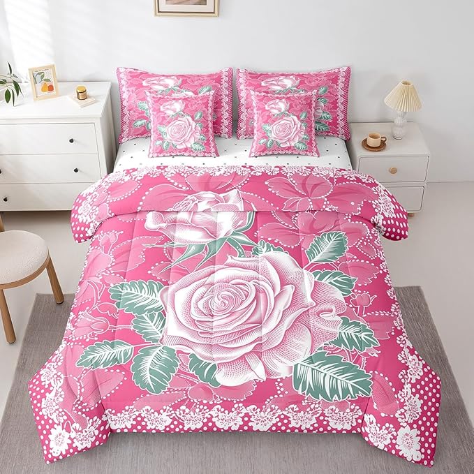 Feelyou Rose Comforter Set Queen Size 7 Pieces Rose Floral Flower Bedding Set for All Season Romantic Vintage Garden Flower Bed in a Bag with Comforter, Sheets, Pillowcases & Cushion Cover
