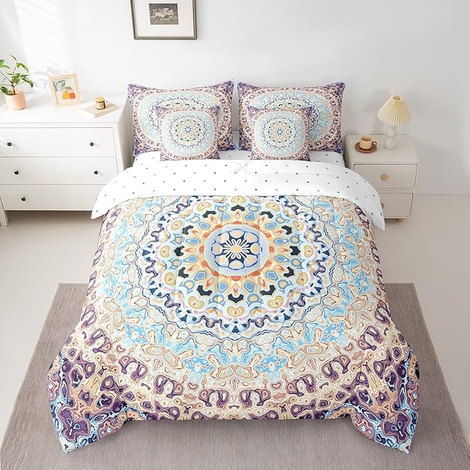Bohemian Mandala Bedding Comforter Sets Vintage Art Deco Bed in a Bag 7pcs, Oriental Flower Bedding Set Abstract Artwork Full Size Comforter Set, Retro Medallion Bed Set Navy Blue Beige Puple