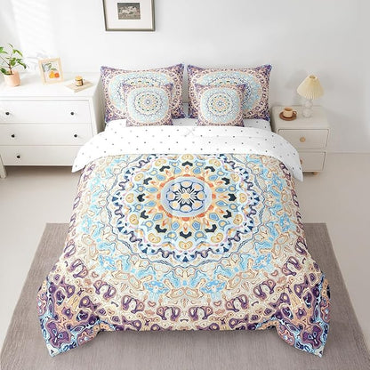 Bohemian Mandala Bedding Comforter Sets Vintage Art Deco Bed in a Bag, Oriental Flower Bedding Set Abstract Artwork King Comforter Set 7-Piece, Retro Medallion Bed Sheets Set Navy Blue Beige Puple