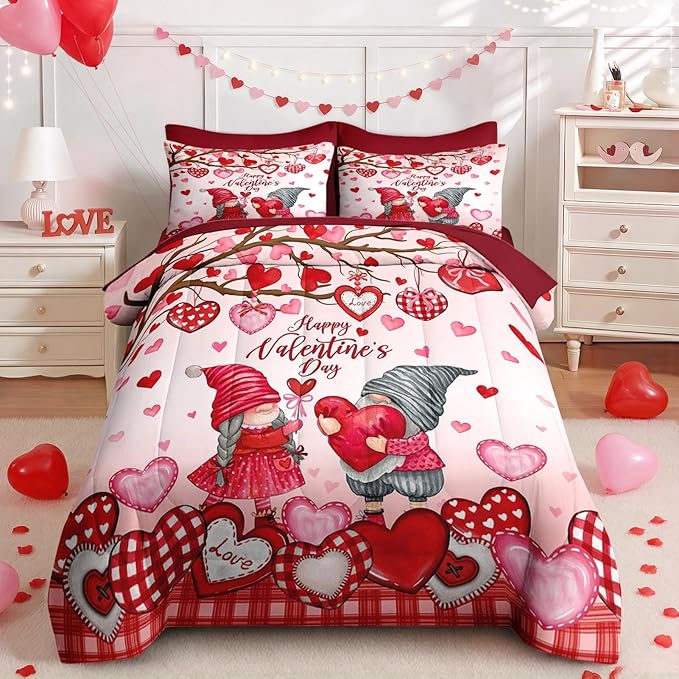 Nesker 7 Pcs Valentine's Day Comforter Set Queen Size, Gnomes Sweet Love Bedding Set for Kids and Adults, Pink Romantic Heart Sheets Bed Sheet Sets with Fitted Sheet 2 Pillowcases & 2 Shams