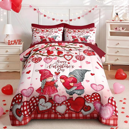 Nesker 7 Pcs Valentine's Day Comforter Set Queen Size, Gnomes Sweet Love Bedding Set for Kids and Adults, Pink Romantic Heart Sheets Bed Sheet Sets with Fitted Sheet 2 Pillowcases & 2 Shams