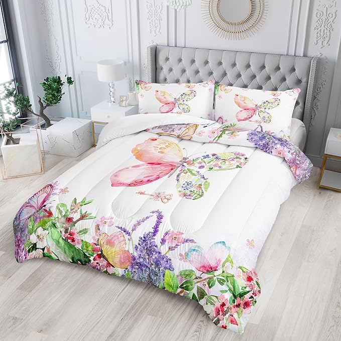 Kids Butterfly Comforter Set Full Size for Girls，Tie Dye Butterflies Bedding Set for Bedroom, Butterflies Toddler Bedding Set All Season 1 Comforter and 2 Pillowcases
