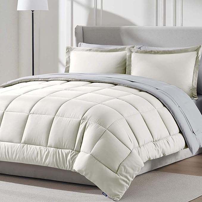 Nestl 7 Piece King Comforter Set – Off White Reversible Bed in a Bag – Complete King Size Bedding Set with Sheets, Pillowcases and Shams