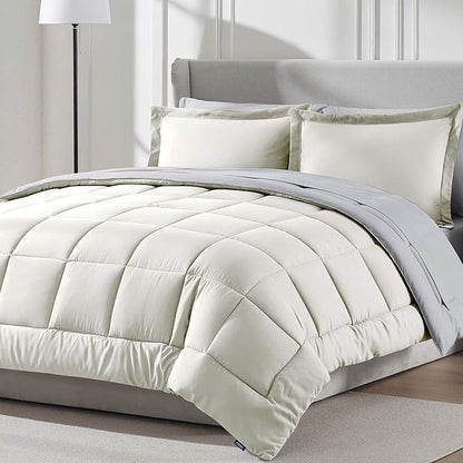 Nestl 7 Piece King Comforter Set – Off White Reversible Bed in a Bag – Complete King Size Bedding Set with Sheets, Pillowcases and Shams