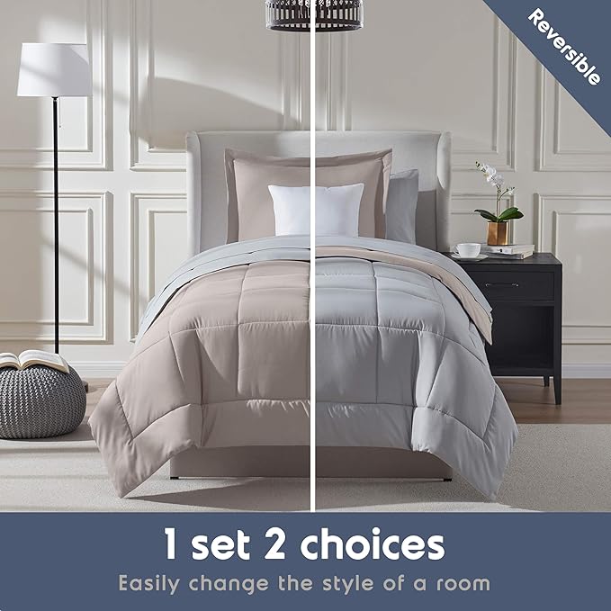 Nestl 5 Piece Twin XL Comforter Set – Linen Reversible Bed in a Bag – Complete Twin XL Size Bedding Set with Sheets, Pillowcase and Sham