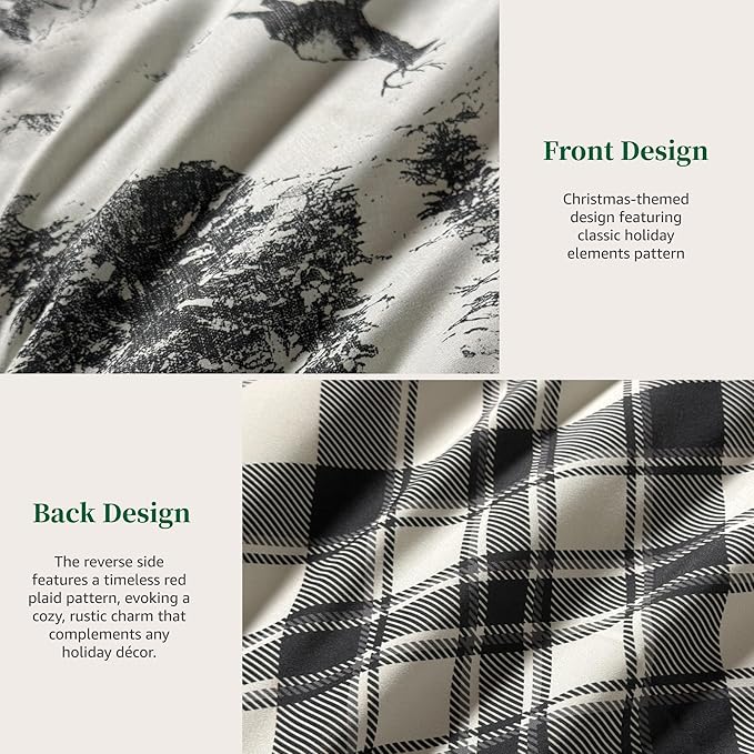 MaiRêve Christmas Full Comforter Sets, Grey Reindeer Tree Bed Set for Holiday, Reversible Gray Plaid Comforter Bed in a Bag, Soft Bedding Set 7 Pieces with Sheets, Pillowcases & Shams