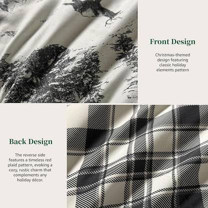 MaiRêve Christmas Full Comforter Sets, Grey Reindeer Tree Bed Set for Holiday, Reversible Gray Plaid Comforter Bed in a Bag, Soft Bedding Set 7 Pieces with Sheets, Pillowcases & Shams