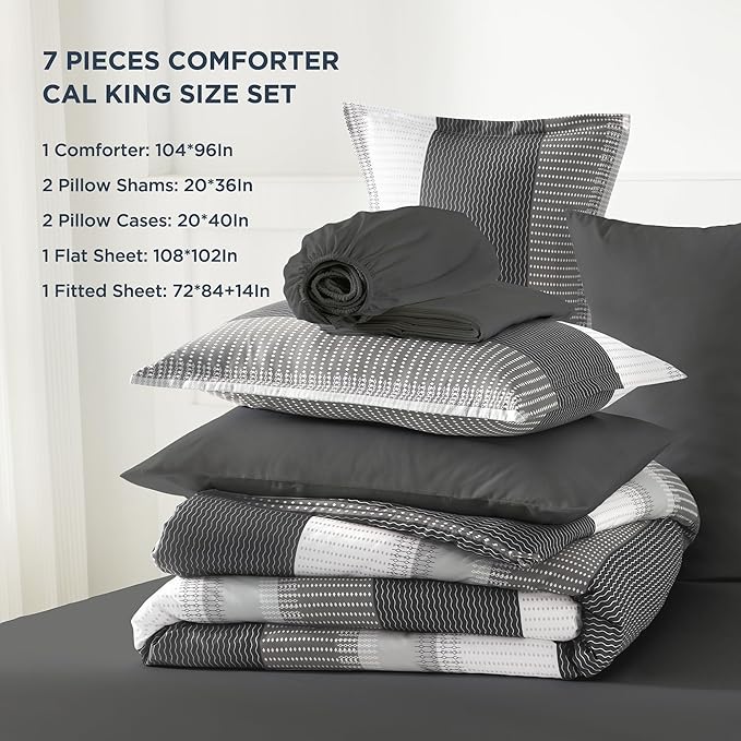 Andency California King Comforter Set Dark Grey - 7 Pieces Grey Striped Lightweight Bed in a Bag, Soft Microfiber Reversible Bedding Set with Comforter, Fitted & Flat Sheet, Pillowcases & Shams