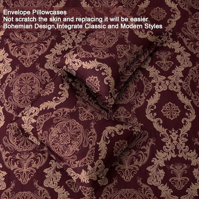 WONGS BEDDING Burgundy Comforter Set Queen Size, Maroon Damask Texture 7 Pieces Bed in a Bag Microfiber Comforter Bedding Sets -1 Comforter, 1 Flat Sheet, 1 Fitted Sheet, 2 Pillow Shams, 2 Pillowcases