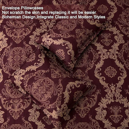 WONGS BEDDING Burgundy Comforter Set Queen Size, Maroon Damask Texture 7 Pieces Bed in a Bag Microfiber Comforter Bedding Sets -1 Comforter, 1 Flat Sheet, 1 Fitted Sheet, 2 Pillow Shams, 2 Pillowcases