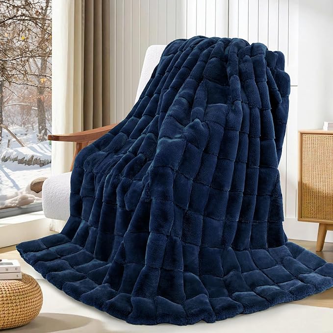 Touchat Faux Fur Throw Blanket, Luxury 1000GSM Ultra Thick Warm Rabbit Blanket for Couch Bed Sofa, 3D Checkered Pattern Soft Winter Heavy Minky Fluffy Blankets for Women Christmas Birthday Gift, Blue