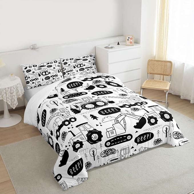 Cartoon Cars Kids Comforter Set King Size,Tractor Truck Excavator Toddler Bedding Set,Girls Boys Adults Room Decor,Construction Vehicles Down Comforter,Black White Chic Duvet Insert,2 Pillowcases