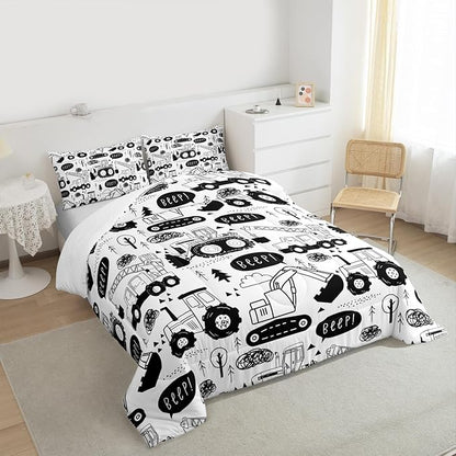 Cartoon Cars Kids Comforter Set King Size,Tractor Truck Excavator Toddler Bedding Set,Girls Boys Adults Room Decor,Construction Vehicles Down Comforter,Black White Chic Duvet Insert,2 Pillowcases