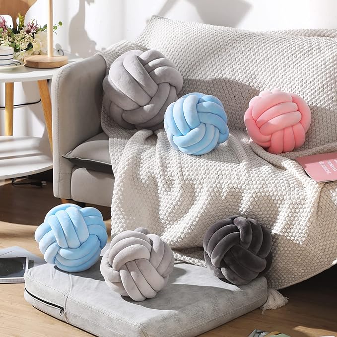 Namalu 2 Pieces Knot Ball Pillows Round Plush Aesthetic Cushion Pillows Soft Stress Relieving Cute Decorative Knotted Pillows for Kids Bed Sofa Bedroom Decor (Sky Blue, 7.87 Inches)