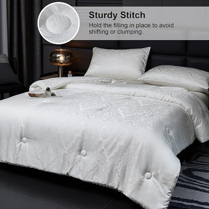 Jacquard Comforter Set - Luxury Warm Paisley Floral Pattern King Size Bedding with 2 Pillowcases All-Season Soft & Lightweight 3D Bubble Design Bed Set (104x90 Inches White)