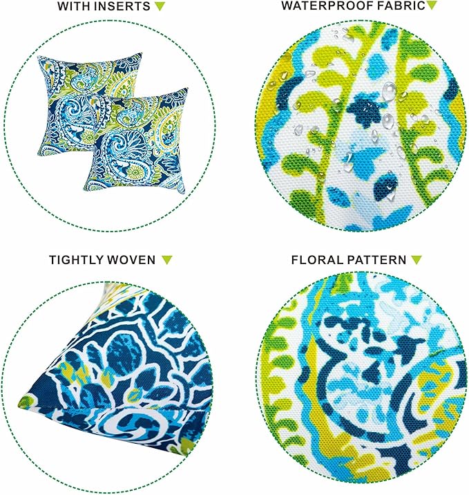 JMGBird Water-Resistant Outdoor Pillows Set of 2, 18x18 inch Durable Green Paisley Pattern Throw Pillows with Inserts for Patio Furniture