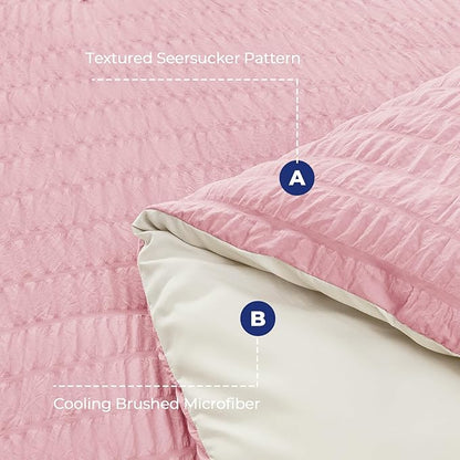 HYMOKEGE Pink/Ivory Full Size Comforter Sets Seersucker 7 Pieces, All Season Luxury Bed in a Bag for Bedroom, Bedding Set with Comforter, Sheets, Pillowcases & Shams